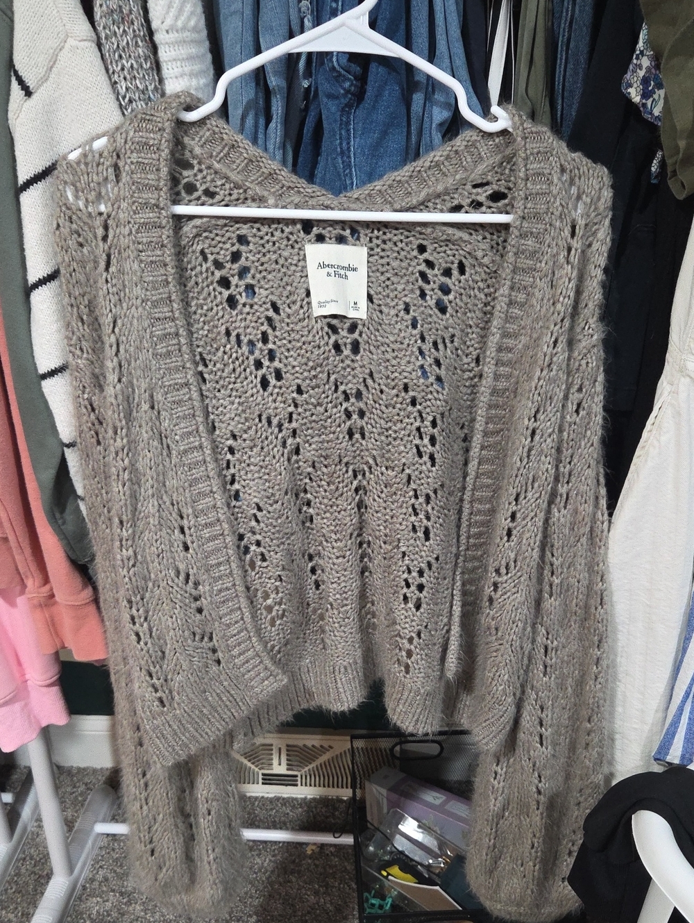Abercrombie & Fitch Taupe Open-Knit V-Neck Cardigan